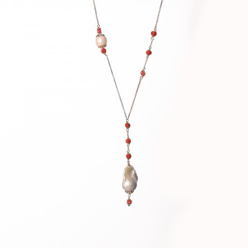 Collana Argento/oro con Corallo e perla scaramazza